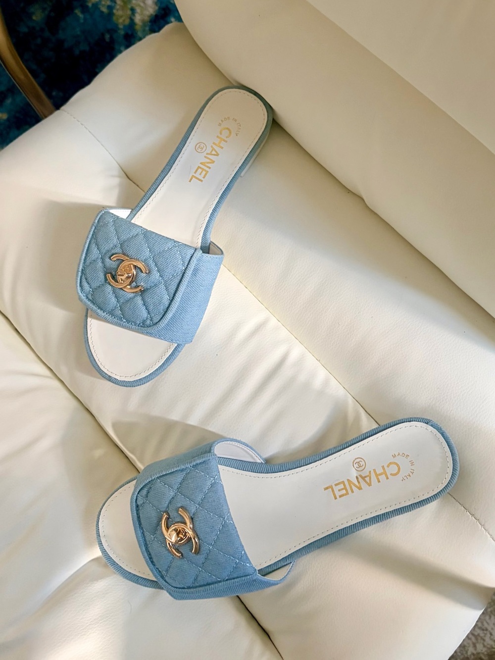 Chanel Light Denim Quilted Slide Sandals - Size 38 - Picture 3 of 6